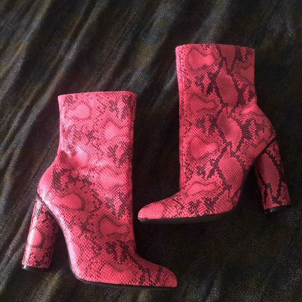 Pink Faux Snakeskin Heel Booties